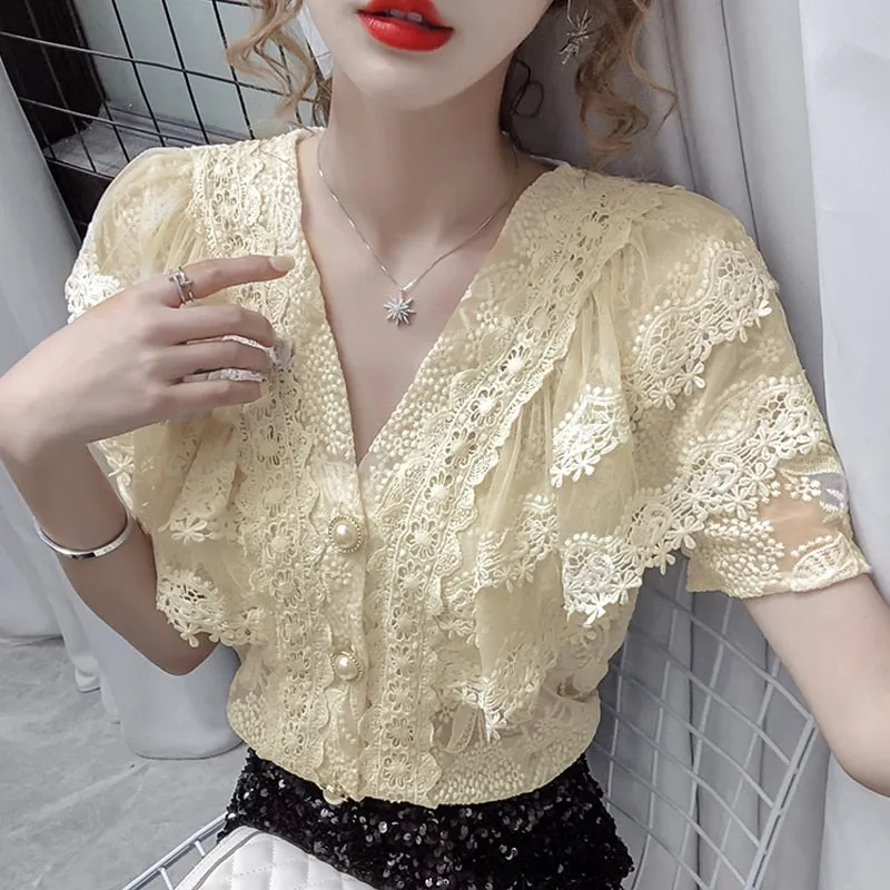2021 Summer New French Sexy Tops Ruffle Stitching Shirt Female V-neck Hollow Lace Blouse Women Short Sleeve Crochet Blouse 14175
