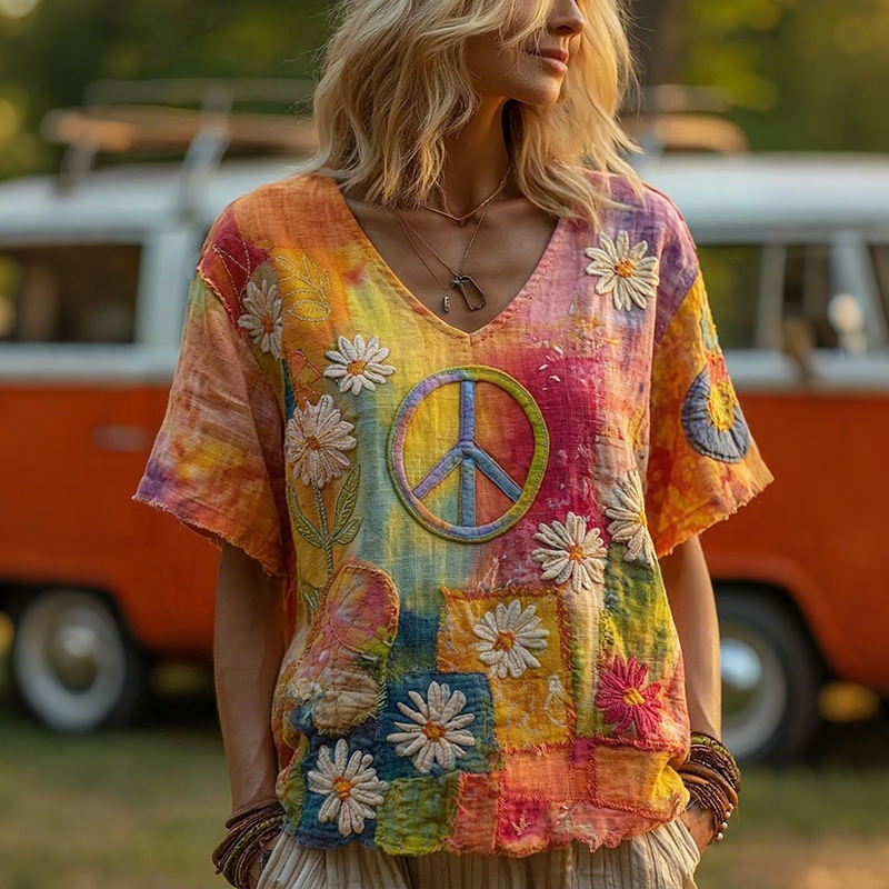 Vintage Hippie Peace Daisy Gradient Floral Patchwork Print Linen T-shirt artswardrobe