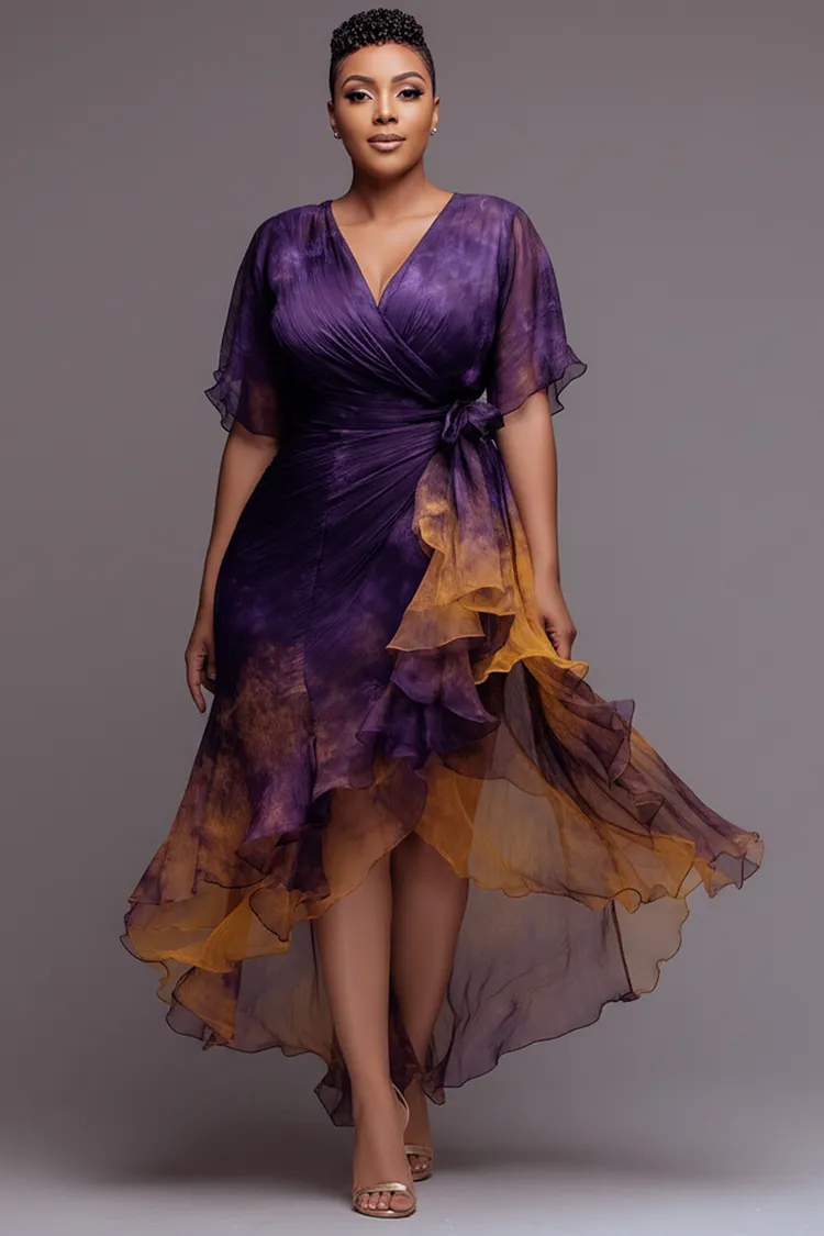 Xpluswear Design Plus Size Cocktail Party Purple Gradient Wrap Neck Short Sleeve Ruffle Asymmetric Hem Chiffon Midi Dresses 2024 - Xpluswear