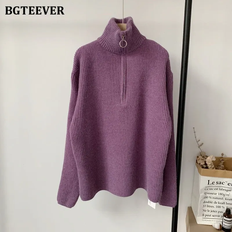 BGTEEVER Thick Turtleneck Zippers Women Sweaters Jumpers for Women 2021 Autumn Winter Loose Full Sleeve Female Knitted Pullovers