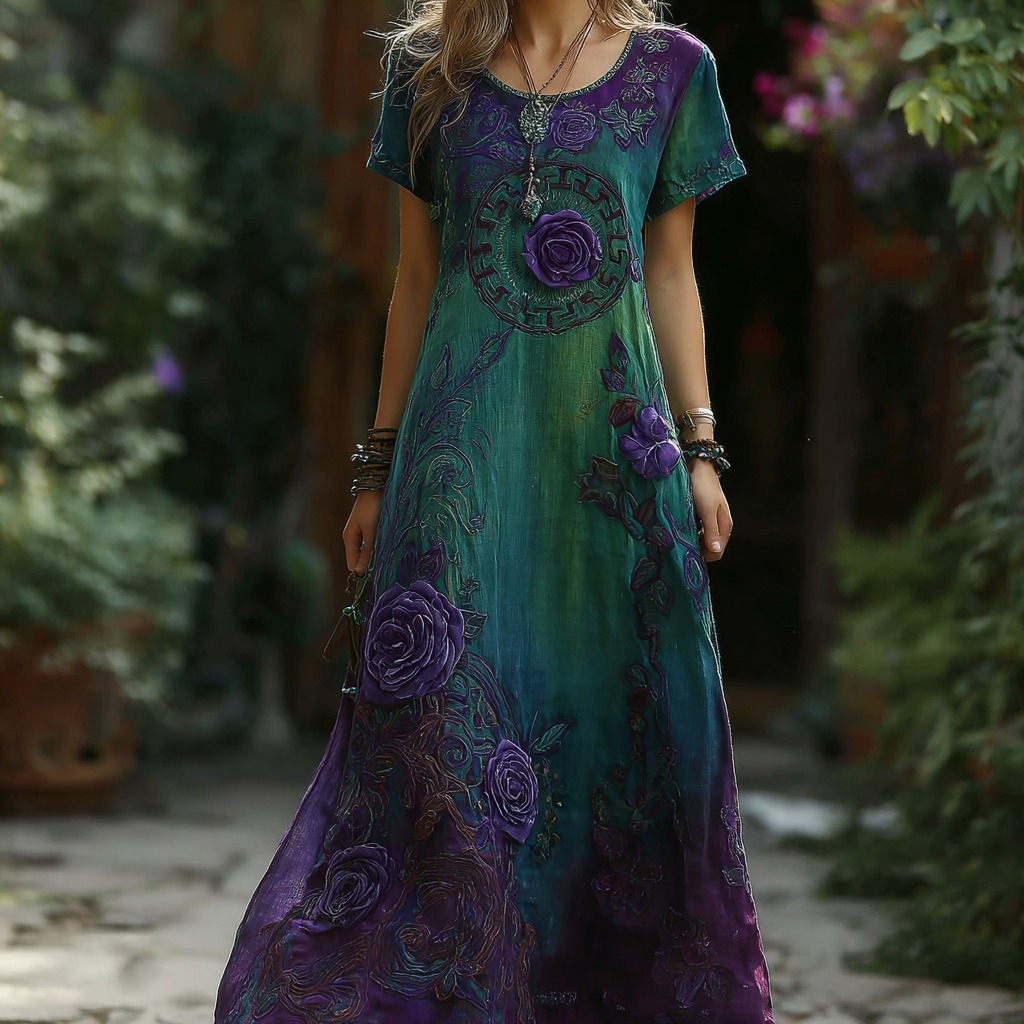 Women's Vintage Floral Embroidery Gradient Pattern Round Neck Maxi Dress elevenforest