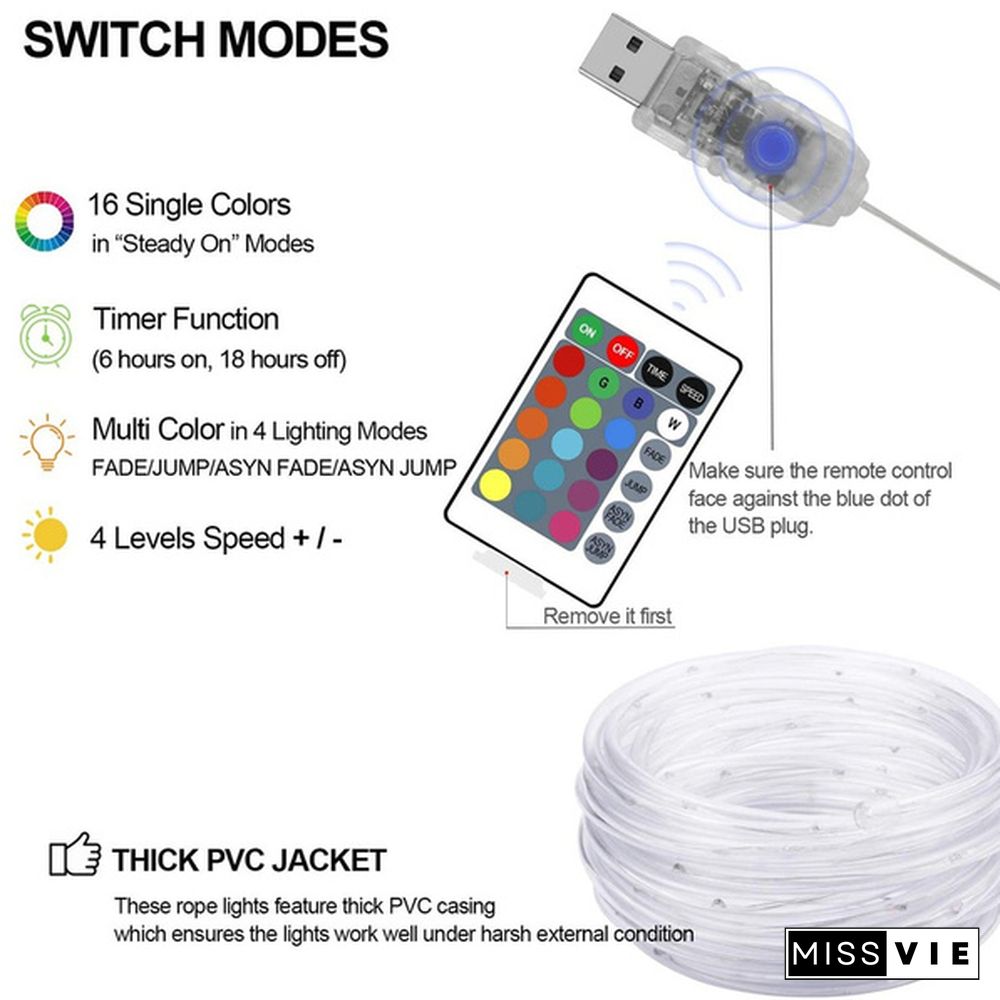 66ft Rope Lights 16 Colors Outdoor String USB Waterproof Fairy Light Remote Control Garden Wedding Christmas Decorations