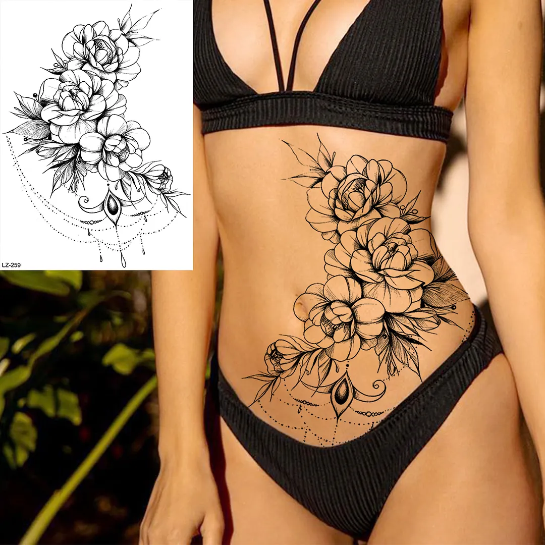 Sdrawing Peony Flower Temporary Tattoos For Women Adults Realistic Compass Moon Pendant Fake Tattoo Sticker Arm Body Tatoos