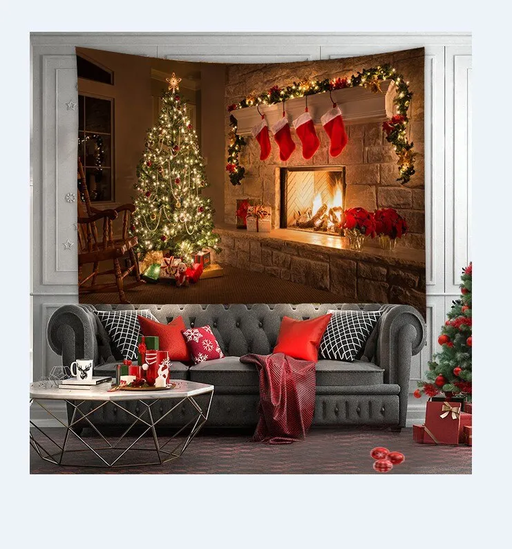 Christmas Tree Print Tapestry Wall Hanging Background Cloth Decor Red Santa Claus Polyester Tapestry Home Room Wall Decoration