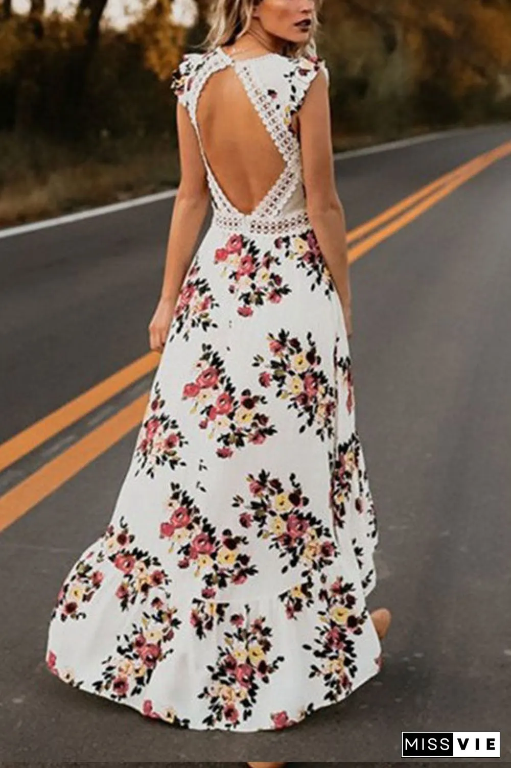 Backless Floral Print High Low Dress