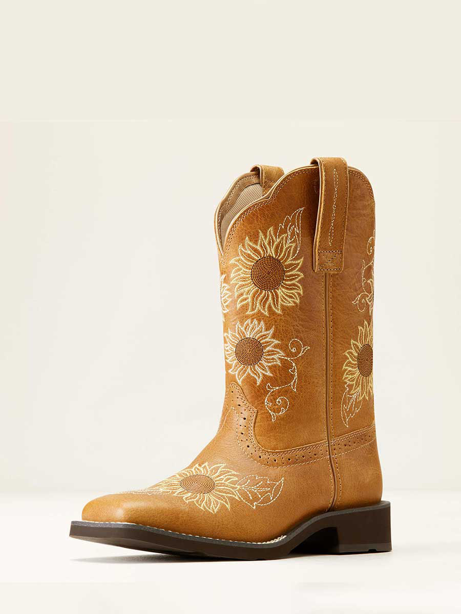 Brown Square Toe Sunflower Embroidered Mid-Calf Western Boots