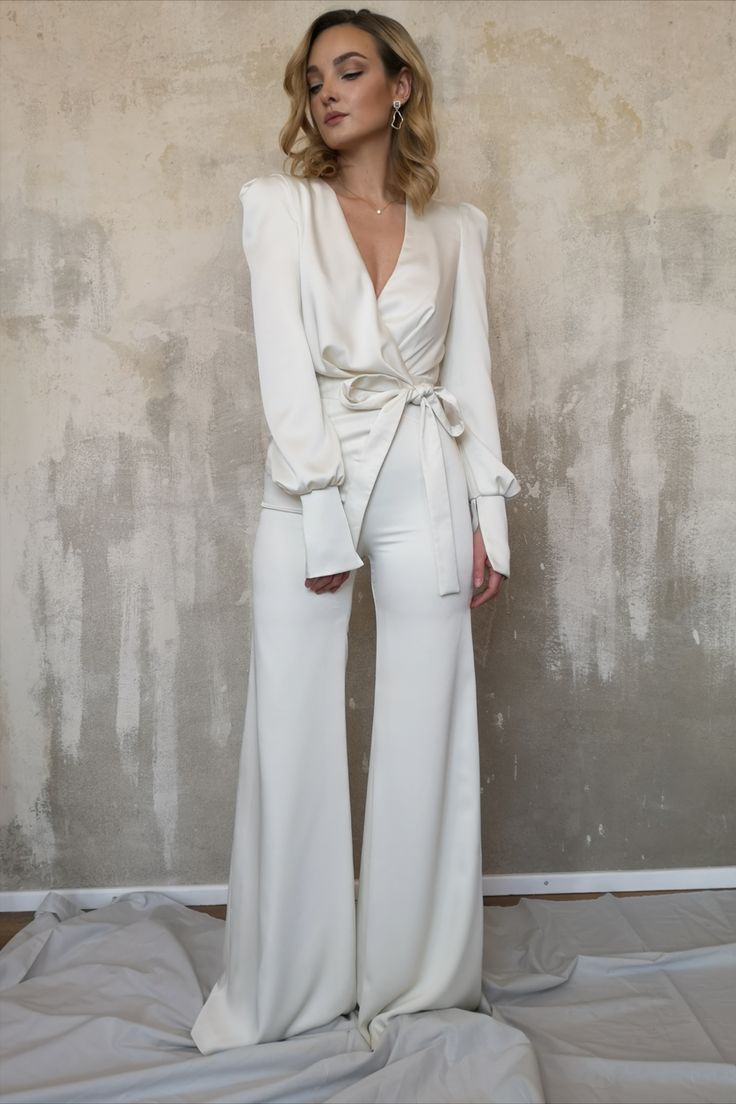 Lussooy White Women's Jacket Top V Neck Jumpsuit 
