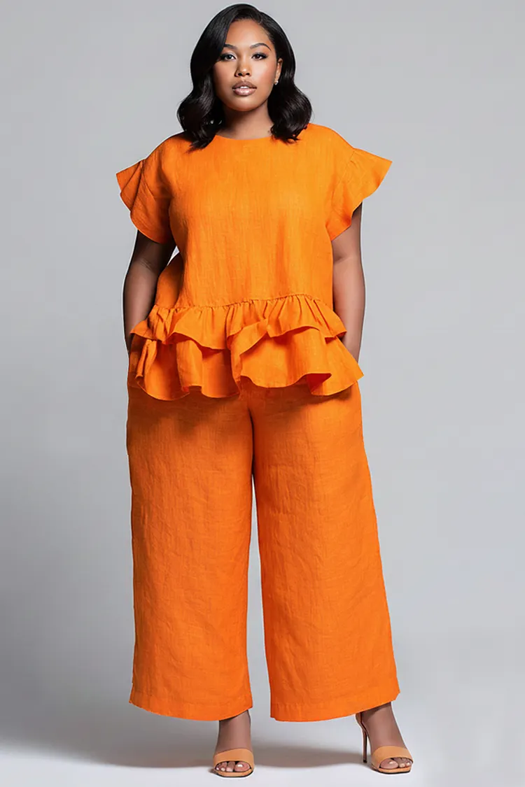Xpluswear Design Plus Size Vacation Casual Orange Round Neck Flutter Sleeve Ruffle Pocket Linen Two Piece Pant Sets [Pre-Order] 2024 - Xpluswear