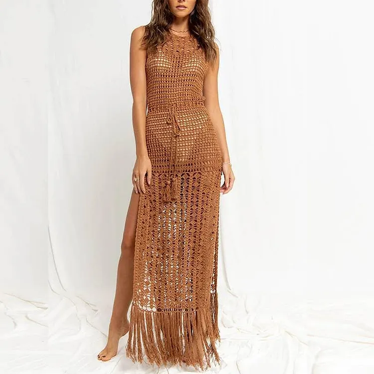 Solid Color Tassels Bikini Swimwear Cover Up Dress HL9702