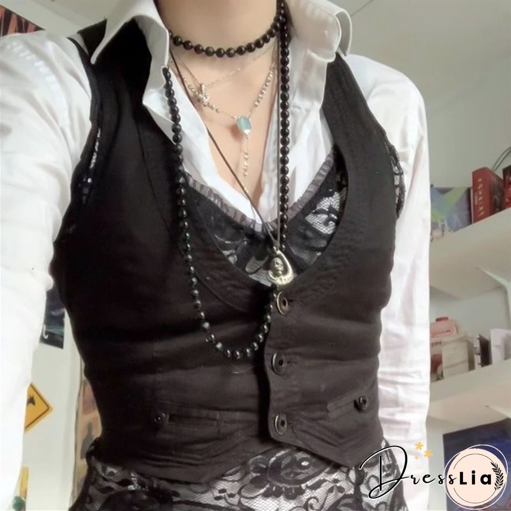 Gothic Y2K Vintage Black Jacket Vest Women Aesthetic Fairycore Grunge Sleeveless Button Crop Tank Tops Harajuku V-Neck Clothing
