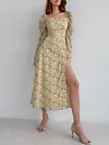 Vintage Floral Printed Split-Side Pleated Square-Neck Long Sleeves Midi Dress