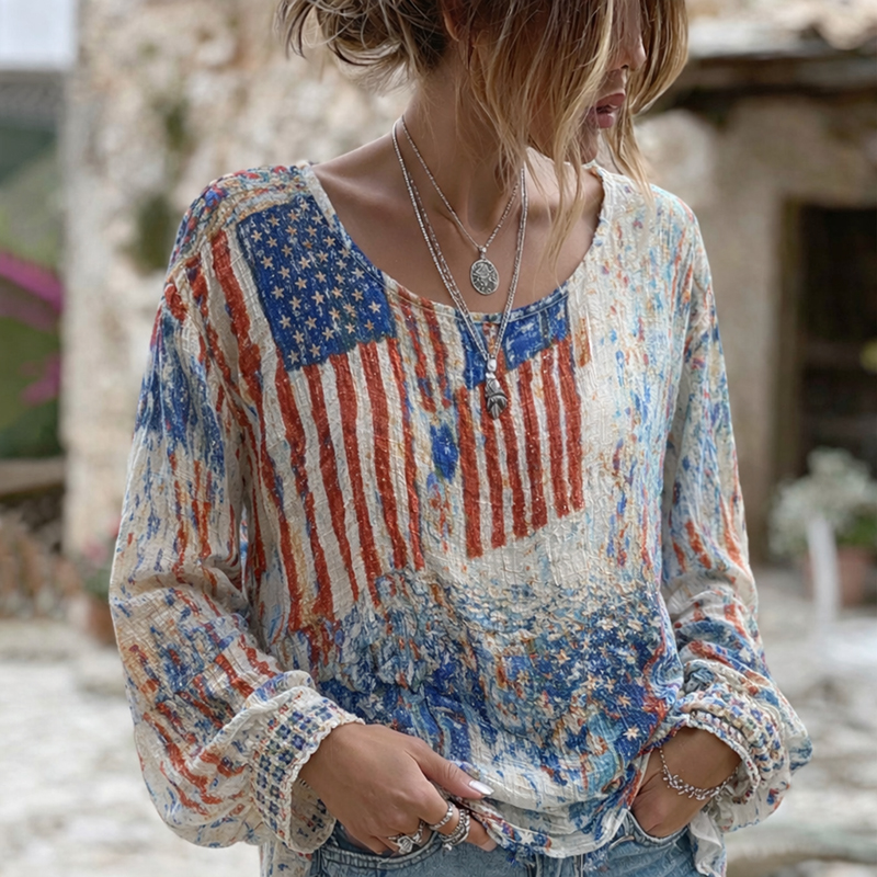 Comstylish Women's Vintage Independence Day Flag Art Print Linen Blend T-shirt