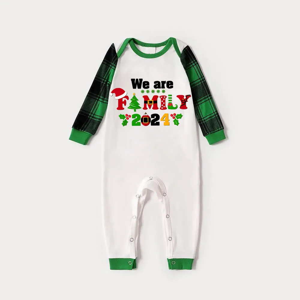 Christmas We are Family 2024 Letter Print Green & Black Plaid Family Matching Pajamas With Dog