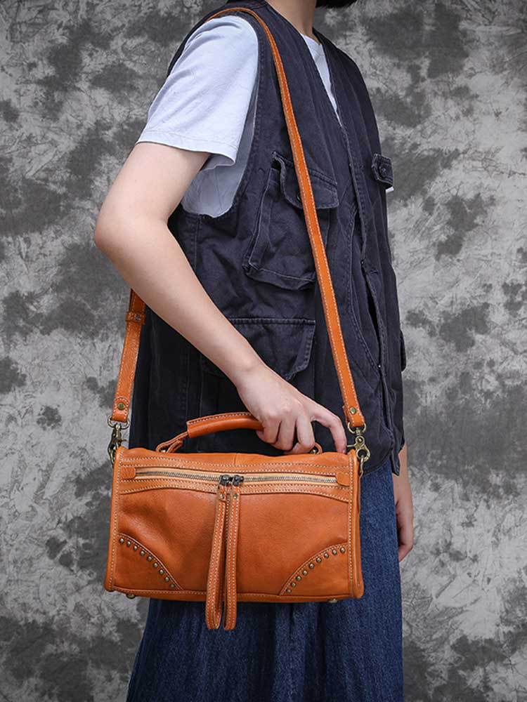 Original cowhide women's bag vegetable tanned leather vintage distressed tree paste leather washed Denim portable small shoulder bag 21092