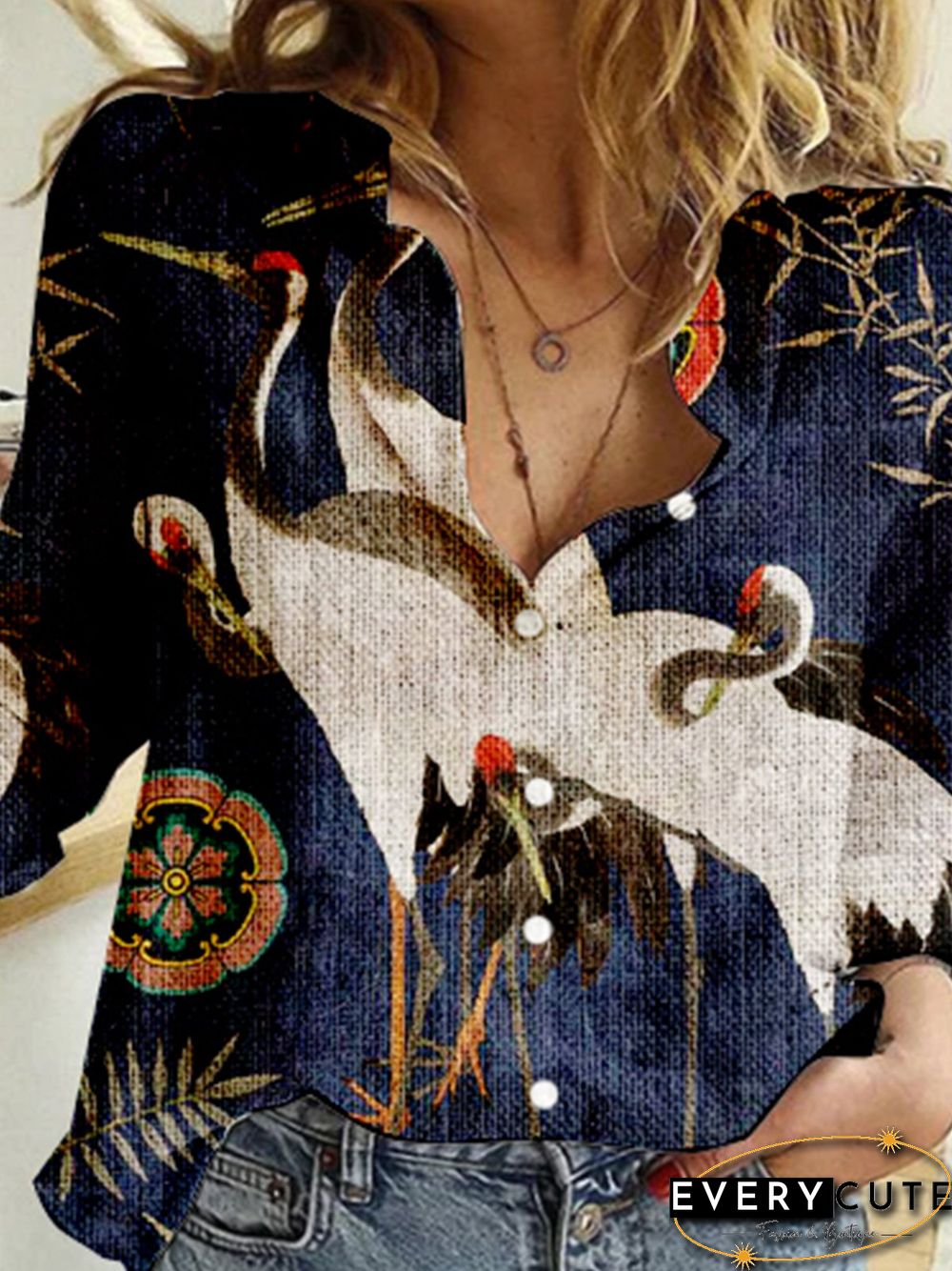 Stand Collar Long Sleeve Floral-Print Blouse