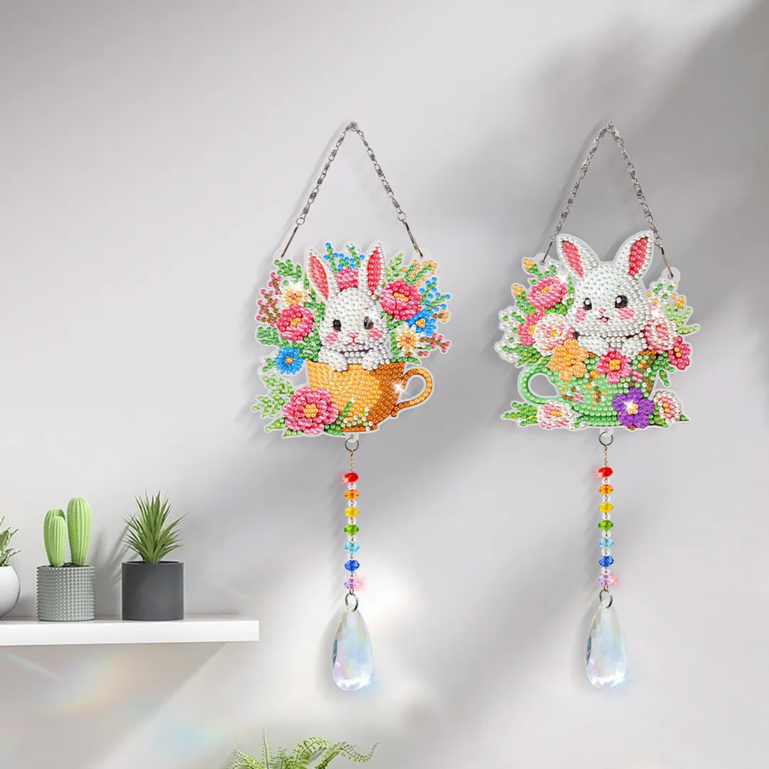 2Pcs Teacup Rabbit DIY Double-Sided Diamond Painting Hanging Kits Diamond Painting Suncatcher Craft Kit for Home Garden Wall Decor Gift