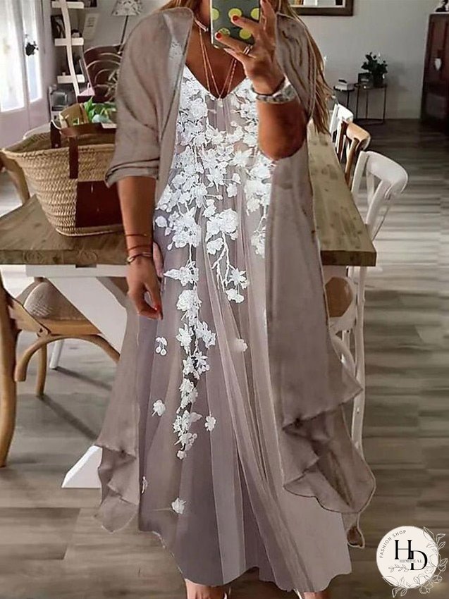 Plus Size Casual Dress Dress Set Two Piece Dress Floral Long Dress Maxi Dress 3/4 Length Sleeve Print V Neck Fashion Daily Pink Blue Spring Summer L XL XXL 3XL for Women