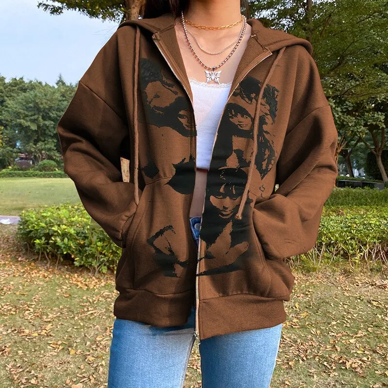 Gothic Hooded Jacket Portrait Demon Print Long Sleeve Zip-up Top Coat Streetwear with Pockets Y2K Hip Hop Men Women Sweatshirt