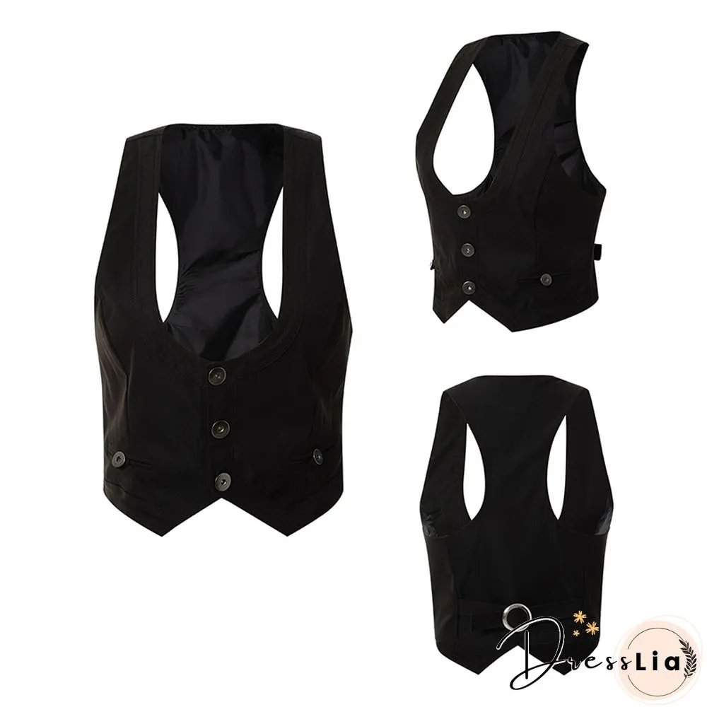 Gothic Y2K Vintage Black Jacket Vest Women Aesthetic Fairycore Grunge Sleeveless Button Crop Tank Tops Harajuku V-Neck Clothing