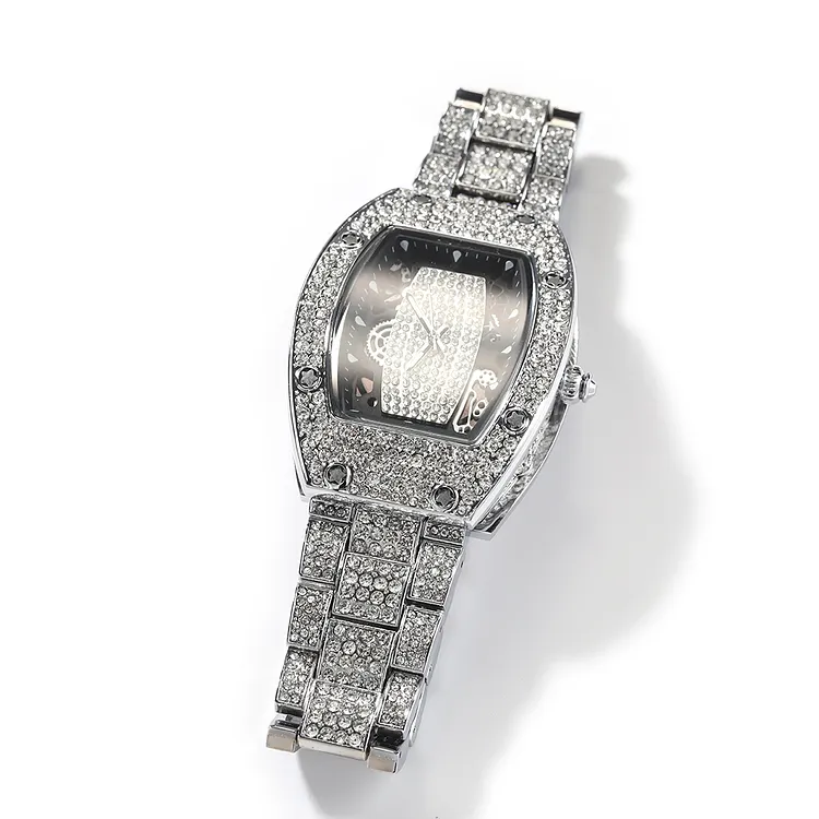 Iced Out Hip Hop Waterproof Large Barrel Shaped Dial Pointer Watches For Men