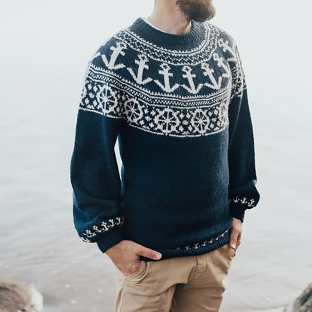 Vintage Nautical Graphics Jacquard Iceland Crew Neck Sweater