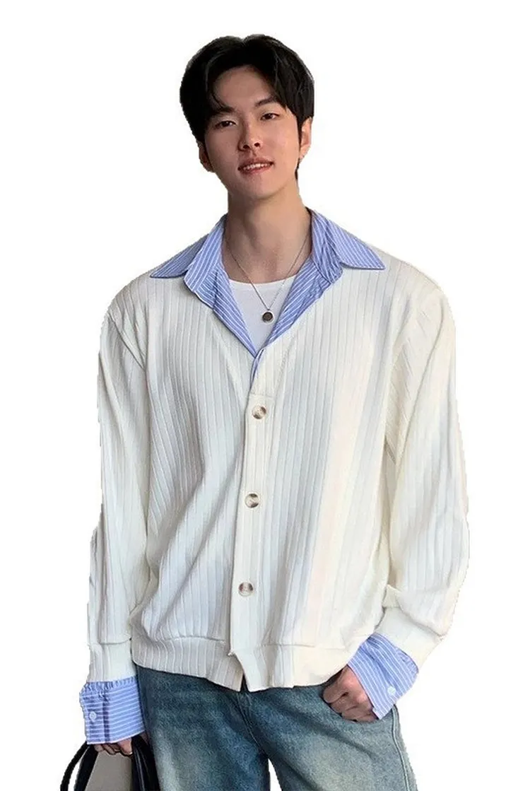 Relaxed Fit Button Up Cardigan with V - Neck and Ribbed Knit