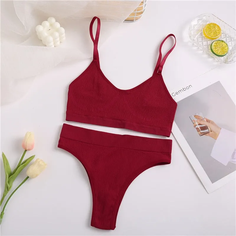 FINETOO Women Bra Set Female Underwear Bralette Ribbed Tops Girls Sexy Lingerie Basic Stretchy Brassiere Tank Crop Tops Suit New
