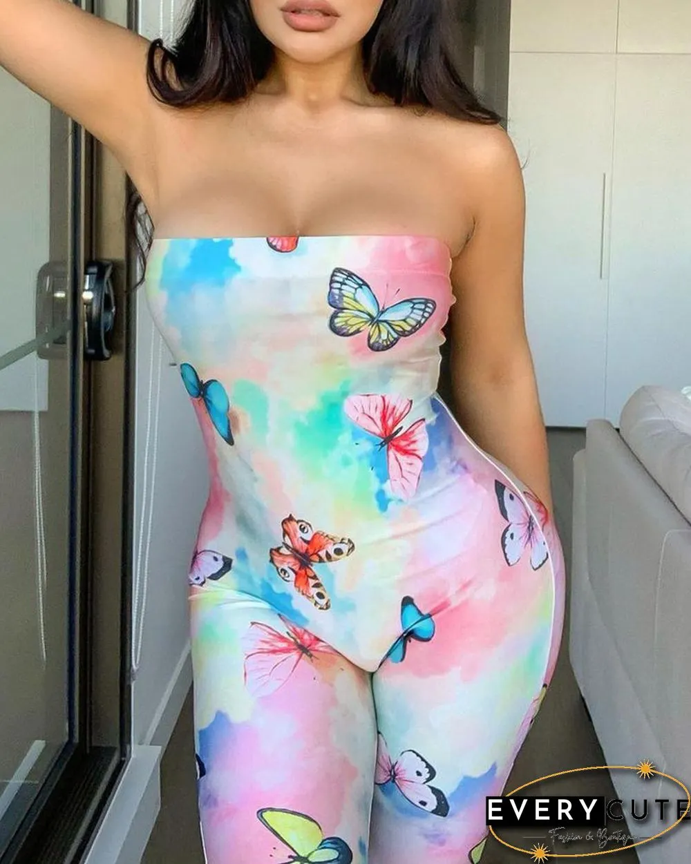 Butterfly Tie Dye Print Bandeau Jumpsuit