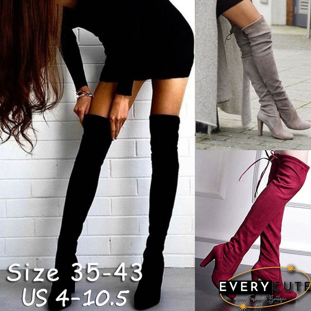 New Women's Over Knee High Boot Lace Up High Heel Faux Suede Long Thigh Boots Shoes Black Gray Red Plus Size