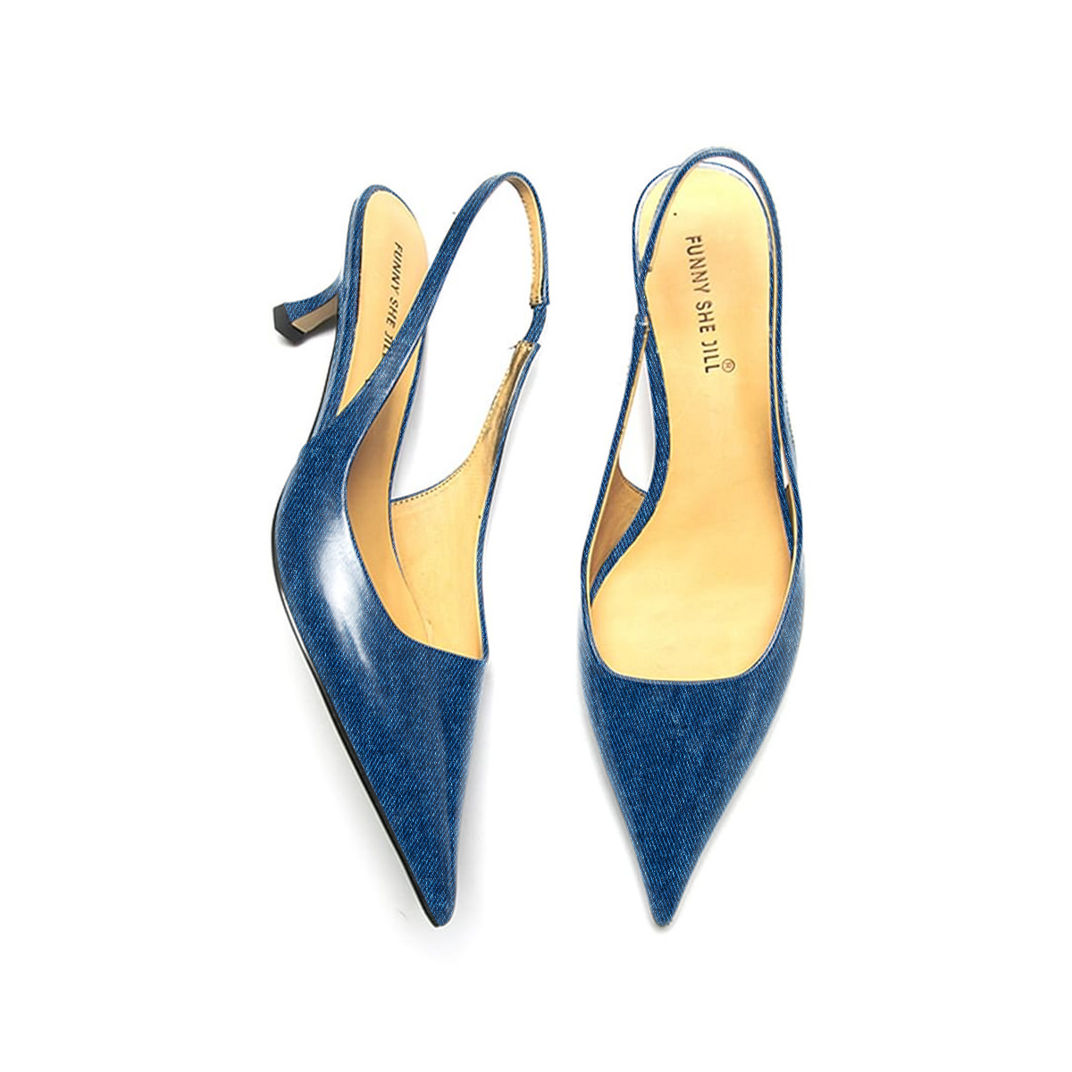 Women's Blue Denim Print Pointed Toe  Slingback Kitten Heel Pumps Nicepairs