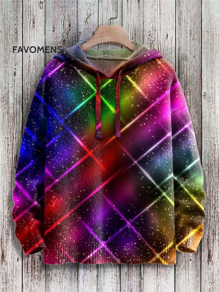 Colorful Rainbow Gradient Art Print Casual Knitted Hoodie Sweater Multicolor / S
