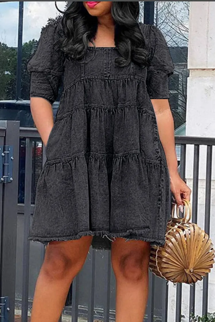 knee length dresses for ladies Full Size Raw Hem Mini Denim Dress Plus Size Light Blue / L