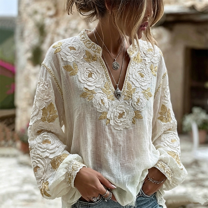 Women's Retro Floral Art Pattern V Neck Linen Blend Blouses elevenforest