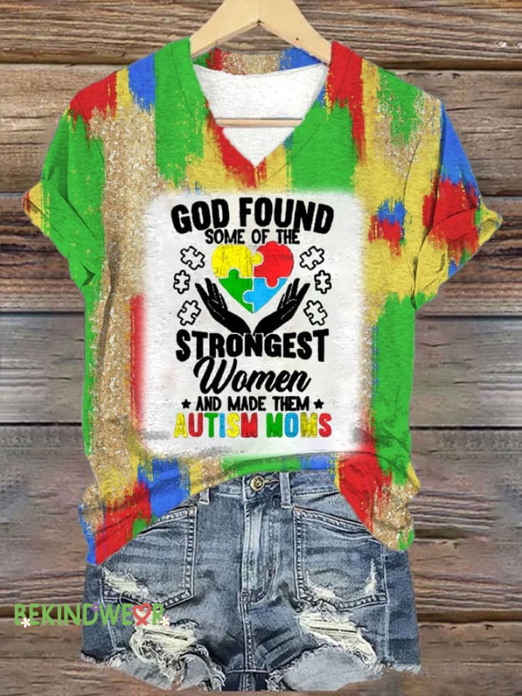 Women&rsquo;s AUTISM MOMS Geometric Color Puzzle Print V-Neck T-Shirt As shown / S