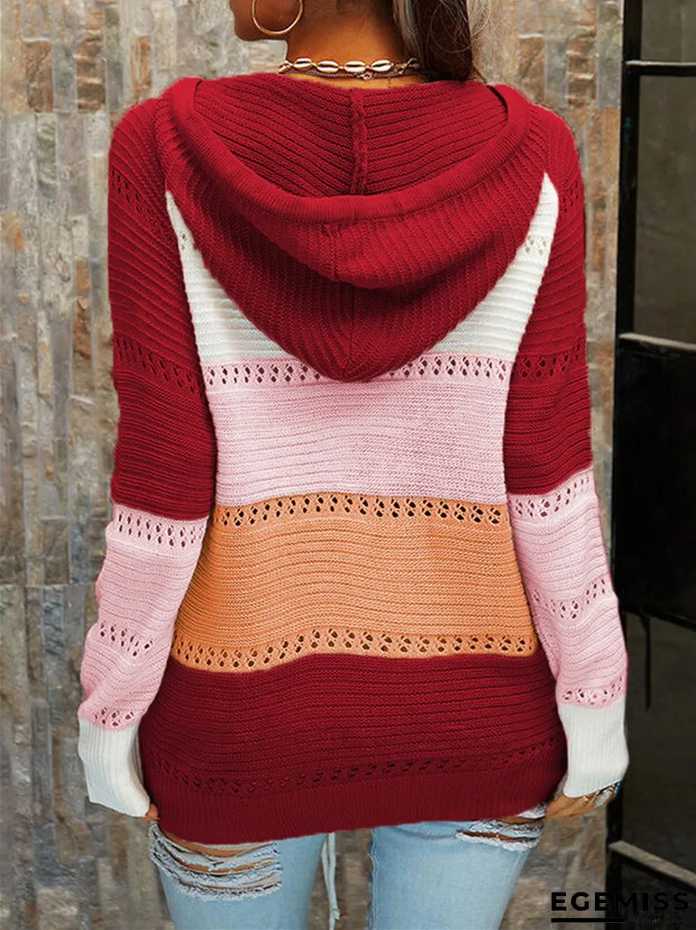Cardigan Strap Long Sleeve Contrast Color Stitching Sweater | EGEMISS