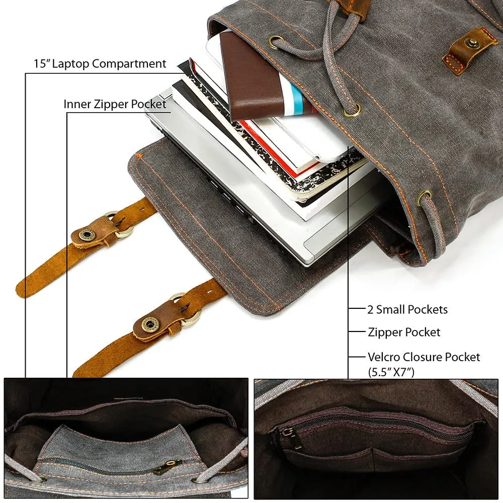 Vintage Canvas Backpack for Men Leather Rucksack Knapsack 15 inch Laptop Tote Satchel School Military Army Shoulder Rucksack Hiking Bag