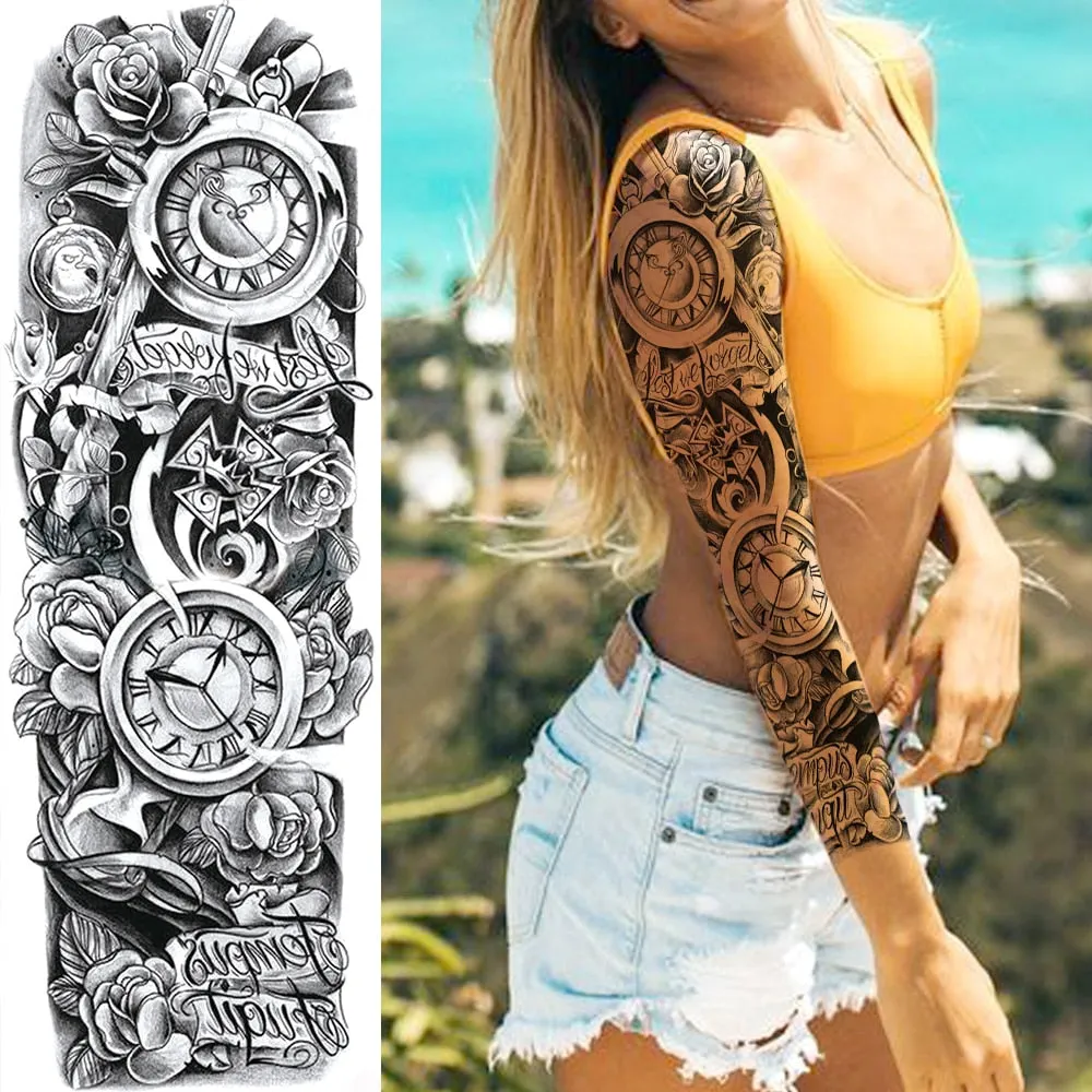 Black Military Maori Totem Temporary Sleeve Tattoos For Men Realistic Fake Full Arm3D Dragon Skull Wolf Lion Robot Tatoos Paste
