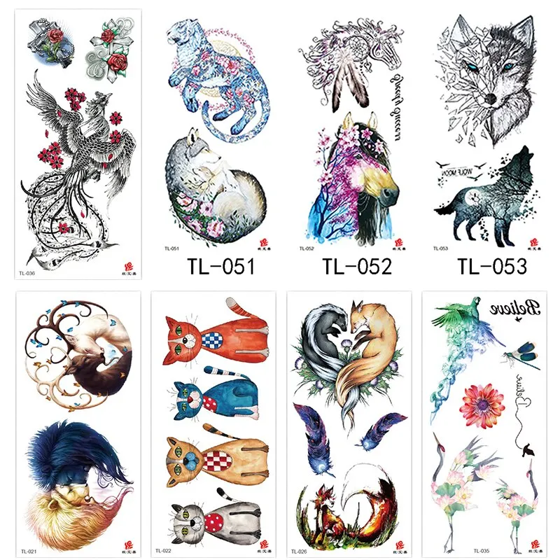 1~8 pieces of animal plants wolf bear bird art tattoo stickers disposable waterproof temporary tattoo stickers for men and women