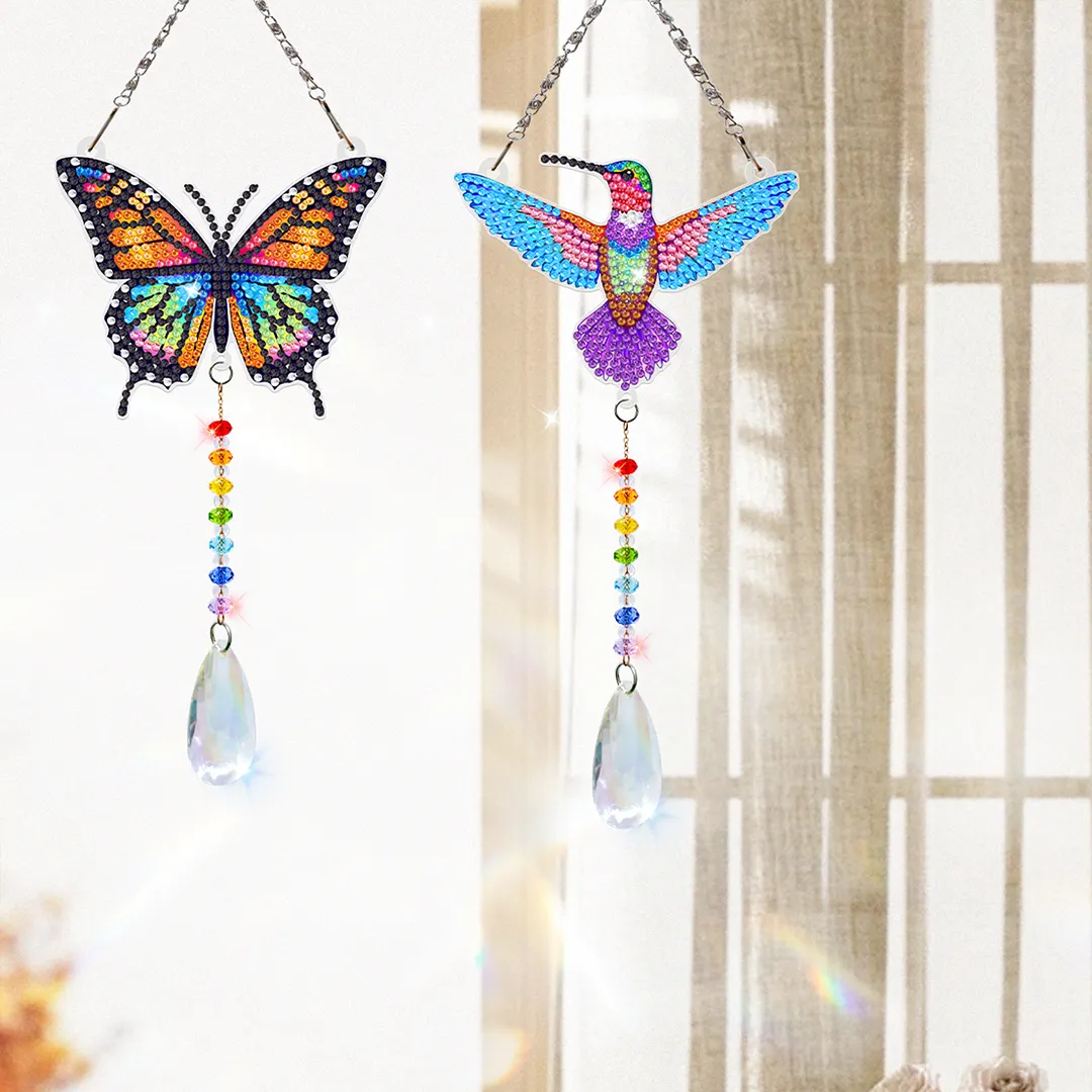 2Pcs Beautiful Butterflies and Hummingbirds DIY Double-Sided Diamond Painting Hanging Kits Diamond Painting Suncatcher Craft Kit for Home Garden Wall Decor Gift
