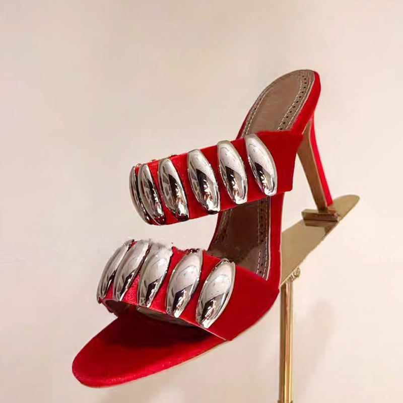 GOOSHOE Custom Suede Women Double Metal Buckles Band Sandals High Slim Heels Stiletto Dress Mules Slip on Pumps Shoes