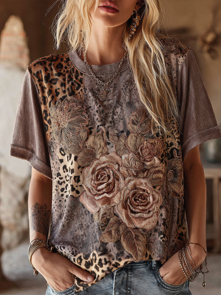 Comstylish Women's Leopard Print And Rose Art Spliced Brown Round Neck Short Sleeve Top