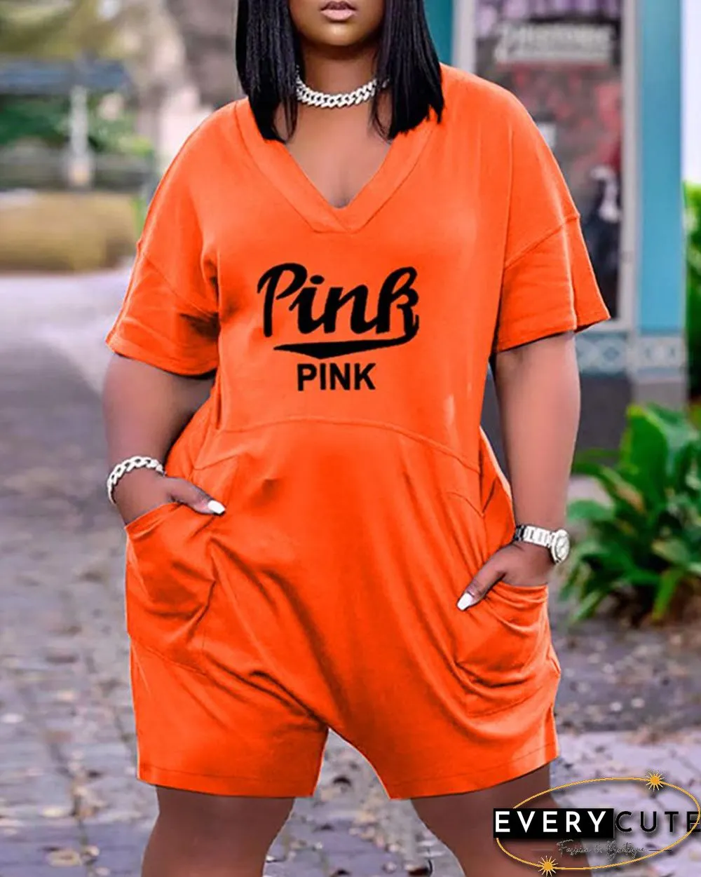 Pocket Design Letter Print Short Sleeve Romper