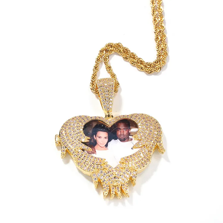 Custom Photos Heart Pendants With Angel Wings Iced Out Hip Hop Bling Bling Necklaces For Women And Men