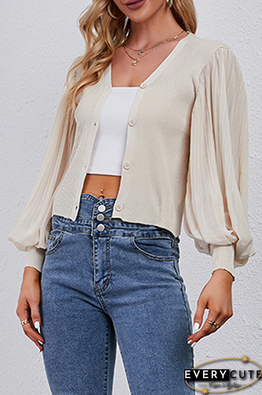 Casual Solid Split Joint Buckle V Neck Tops