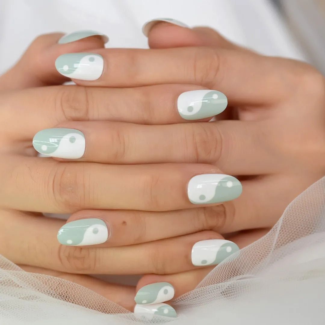 Tai Chi Two Meter White Light Green Press On Full Cover Nail Tips Supplies For Professionals Almond Medium Short Chinese Style-Nail Inspo