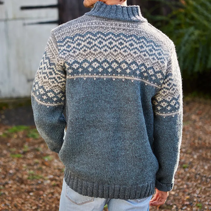 Mens Vintage Fair Isle Knitted Half Zip Collar Sweater