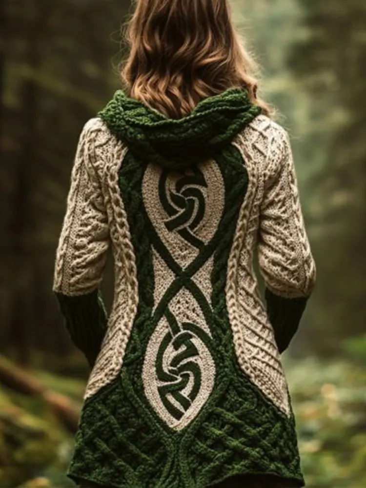 Women's Celtic Knot Contrast Color Cozy Knit Hooded Cardigan