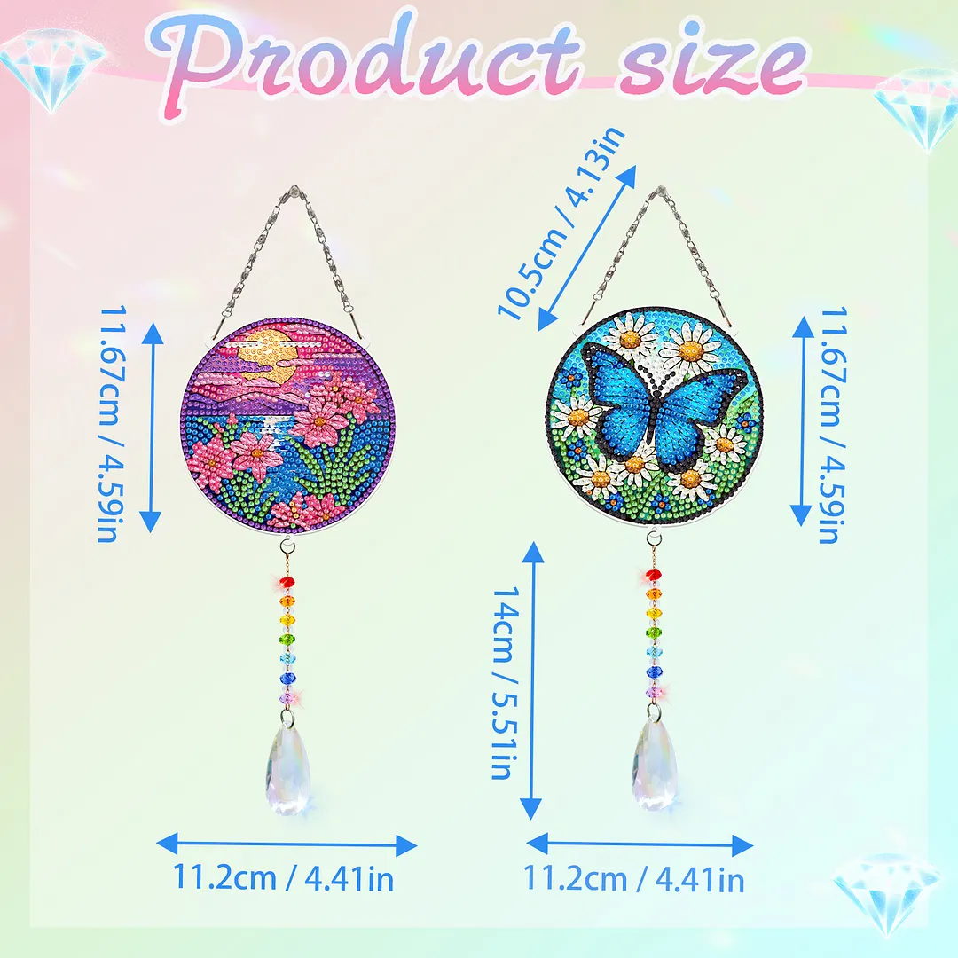 2Pcs Sunset Butterfly DIY Acrylic Diamond Painting Art Wind Chimes with Crystal Pendant Diamond Art Hanging Pendant Double-Sided for Adults Beginners Gift Home Garden Decor