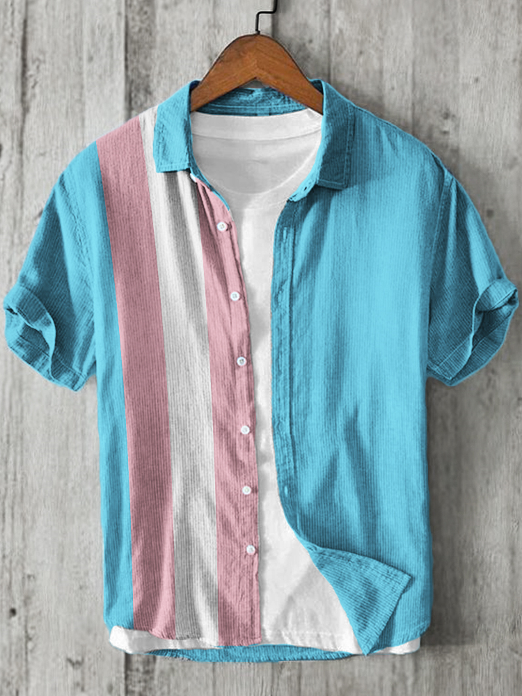 Comstylish Trans Flag Colorblock Short Sleeve Linen Shirt