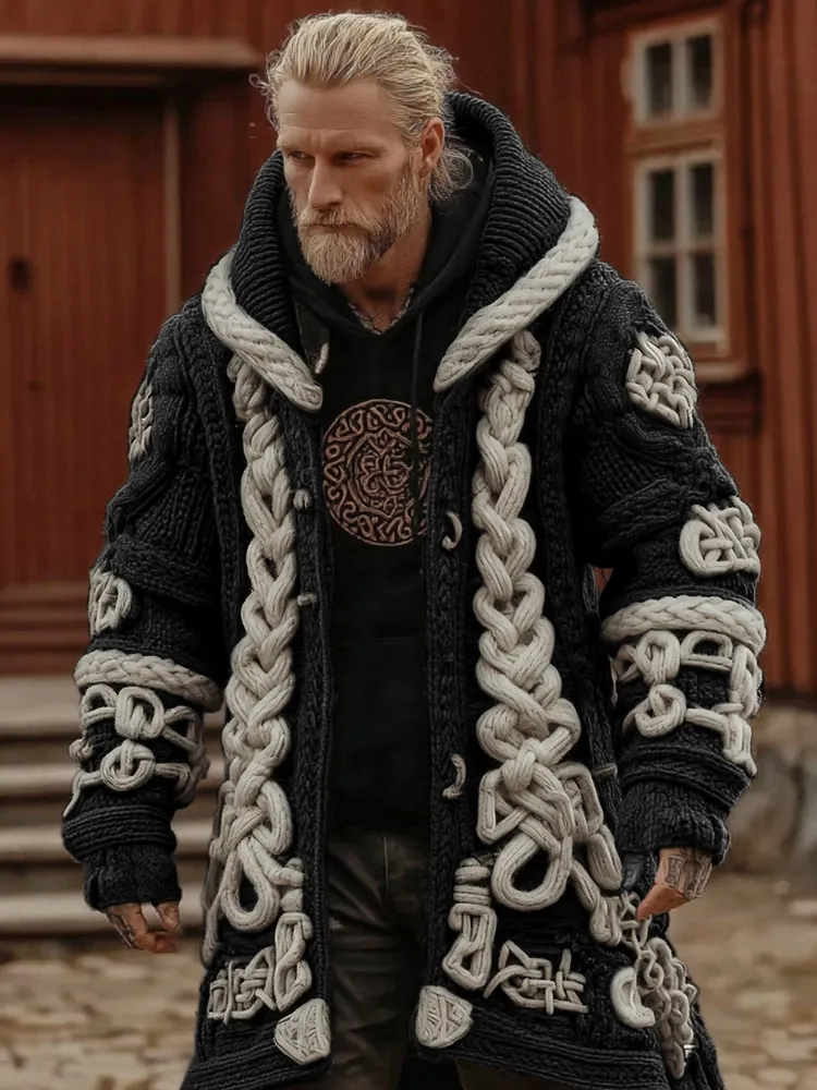 Men's Viking Celtic Geometry Pattern Art Knitted Hooded Cardigan